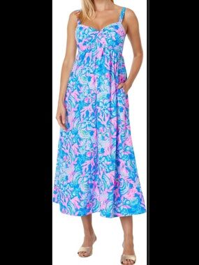 Lilly Pulitzer Azora Cotton Midi Dress Blue Tang Sitting Seaside